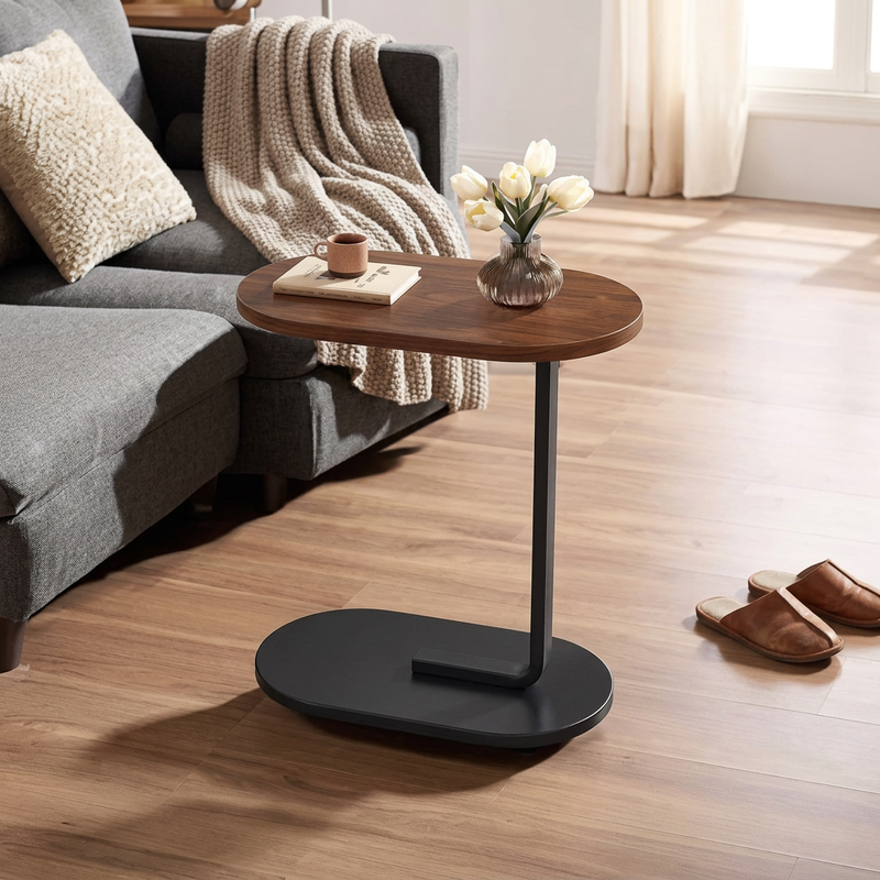 Table d'Appoint en C – Plateau Effet Bois & Base Métal Noir | Glisse sous le Canapé