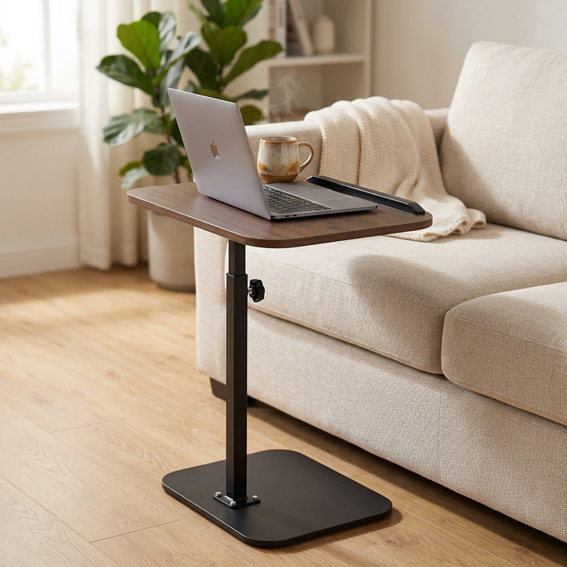 Table d'Appoint Réglable pour Ordinateur – Plateau Effet Bois & Base Métal Noir | Glisse sous le Canapé