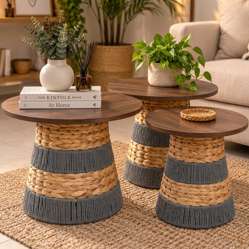 Lot de 3 Tables d'Appoint Bohème – Base Tressée en Jacinthe d'Eau & Corde, Plateau Effet Bois