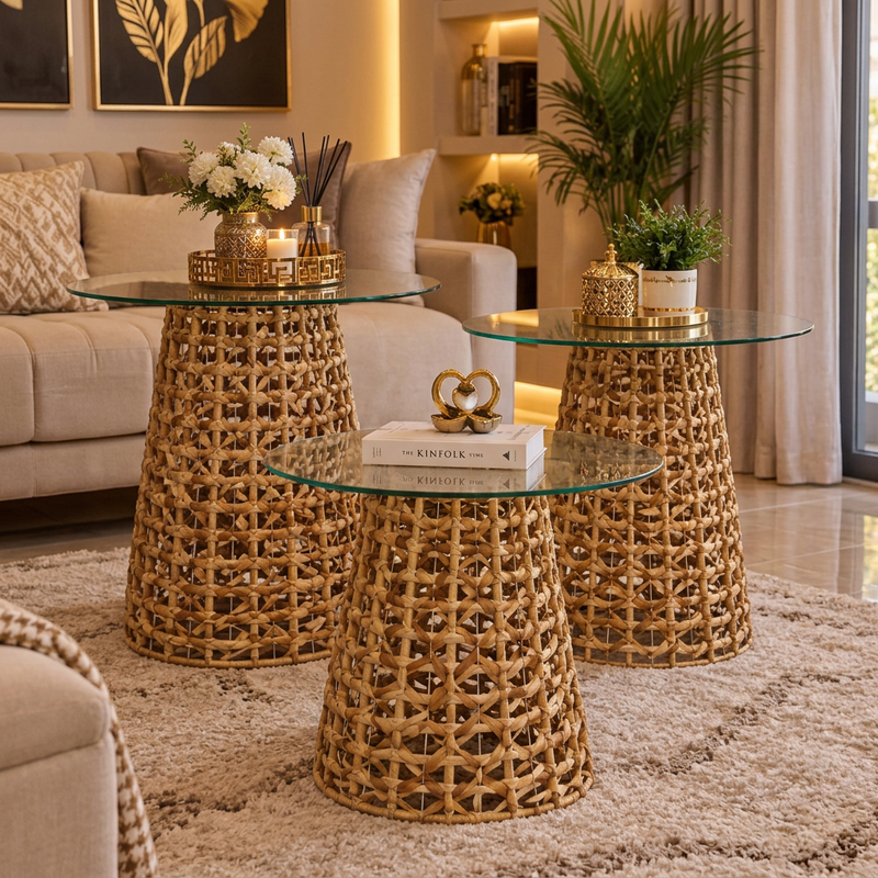 Lot de 3 Tables d'Appoint Plateau en Verre – Base Tressée Effet Rotin | Style Bohème Chic