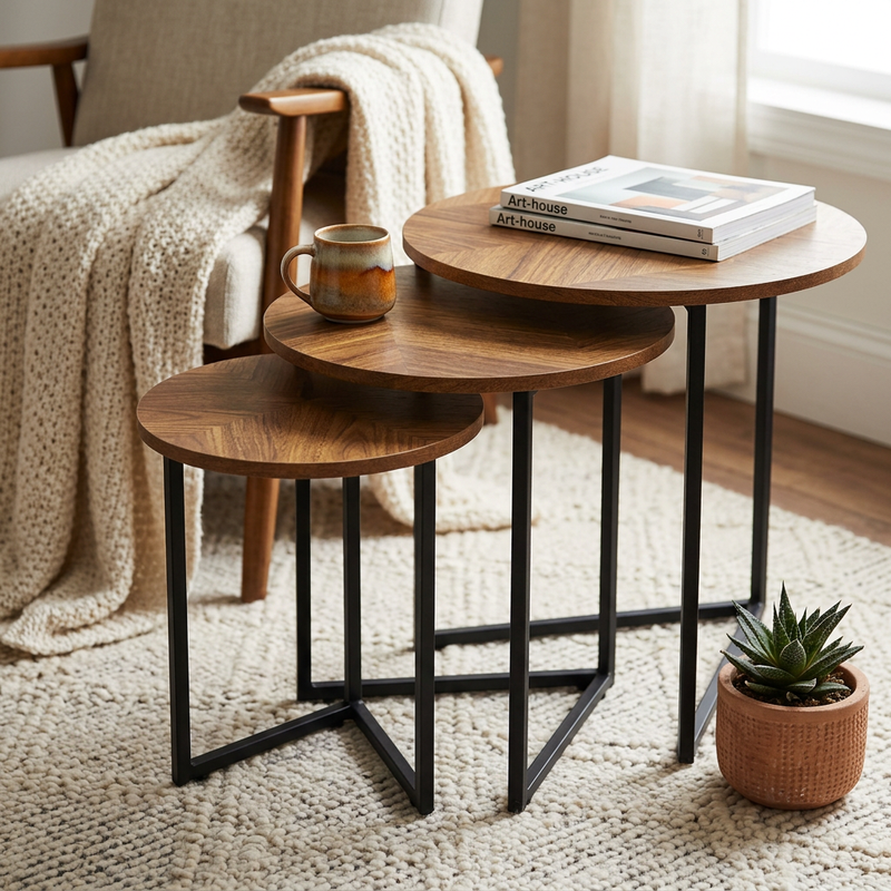 Lot de 3 Tables Gigognes Rondes – Plateau Effet Bois & Pieds Métal Noir | Design Moderne