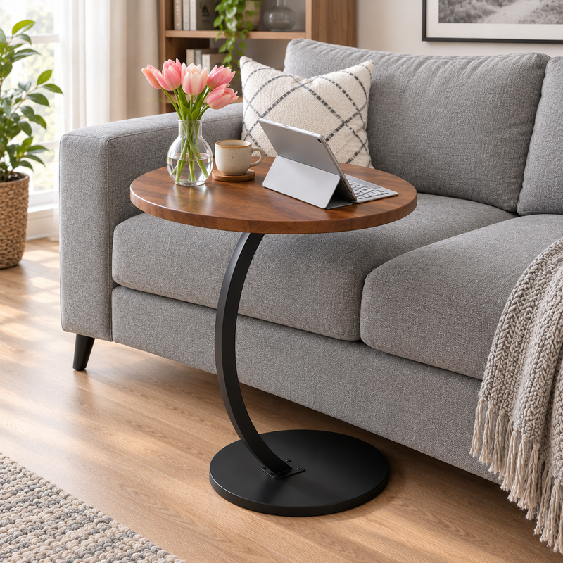 Table d'Appoint Ronde en C – Plateau Effet Bois & Pied Courbé en Métal Noir