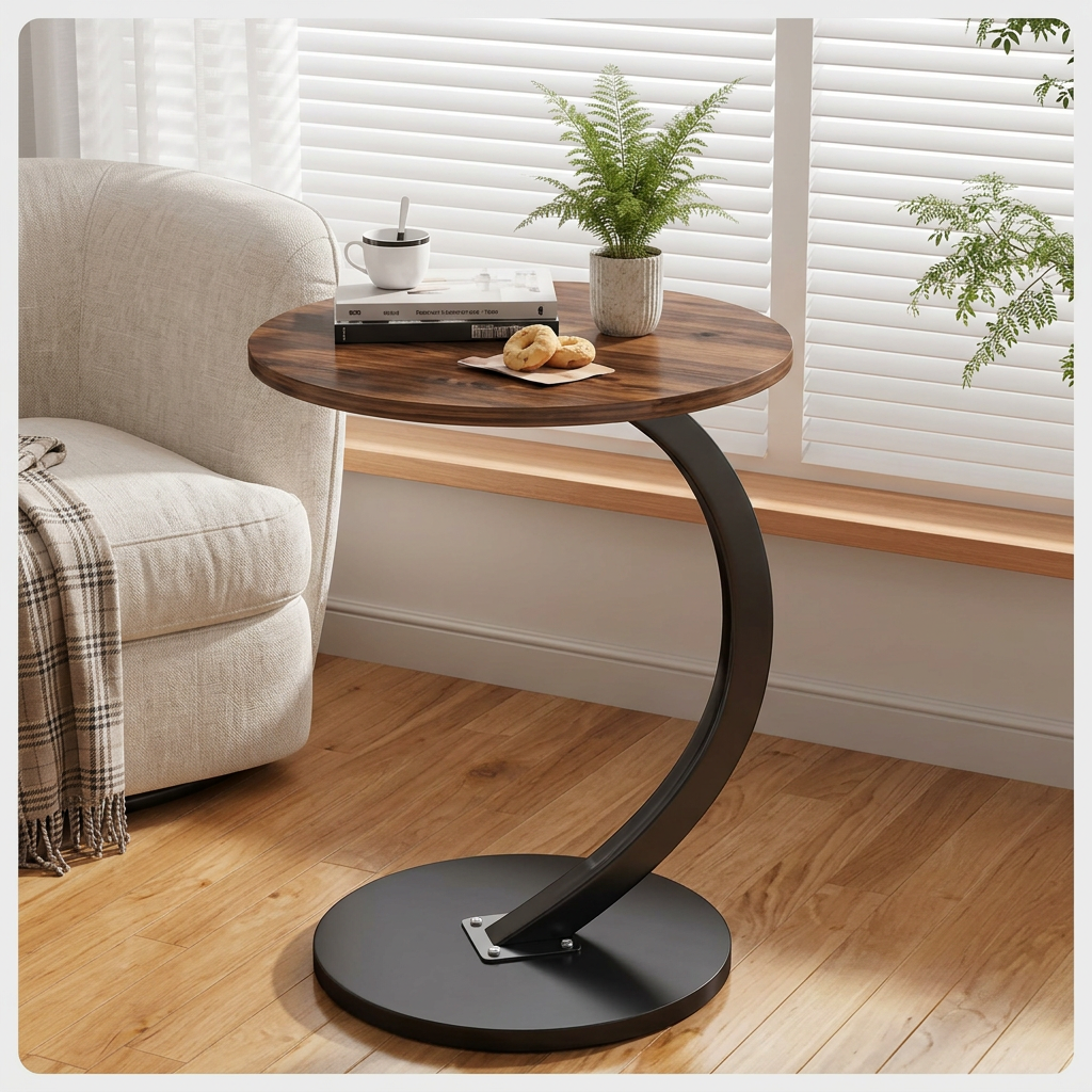 Table d'Appoint Ronde en C – Plateau Effet Bois & Pied Courbé en Métal ...